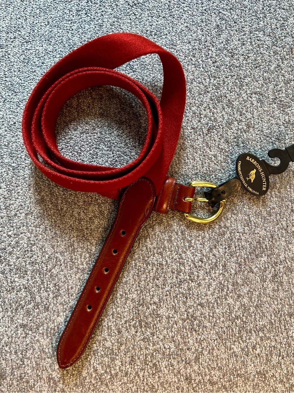 Barrons Hunter Red Canvas Belt with Leather Trim and Gold Buckle